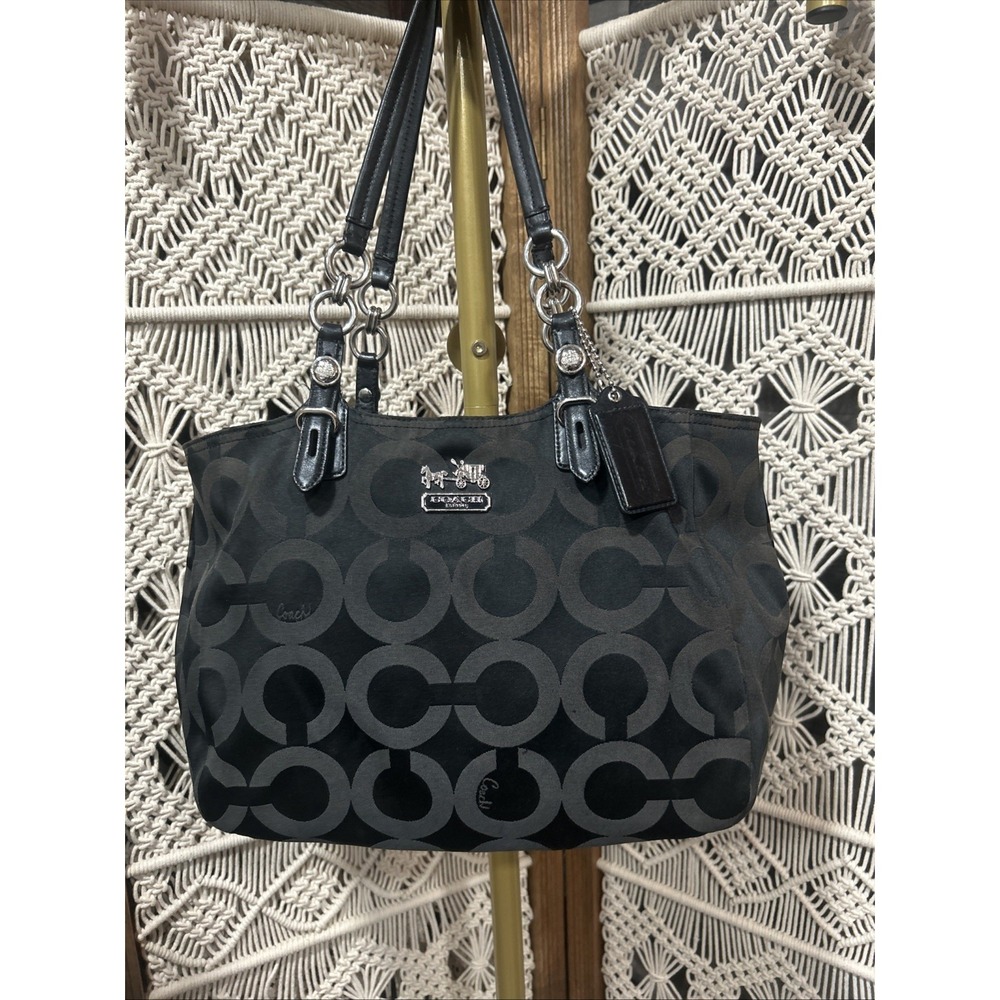 COACH BLACK MIA OP ART SIGNATURE TOTE SHOULDER BAG 15758 PURPLE SATIN LINING Y2K